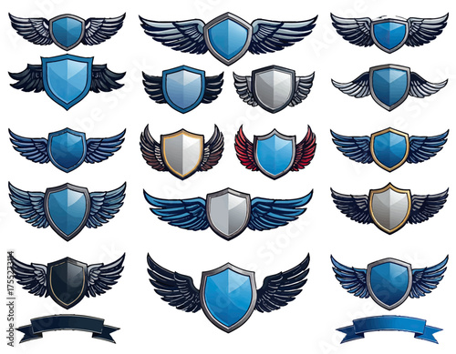 A collection of various shield designs with wings in various styles and colors, featuring banners in the bottom
