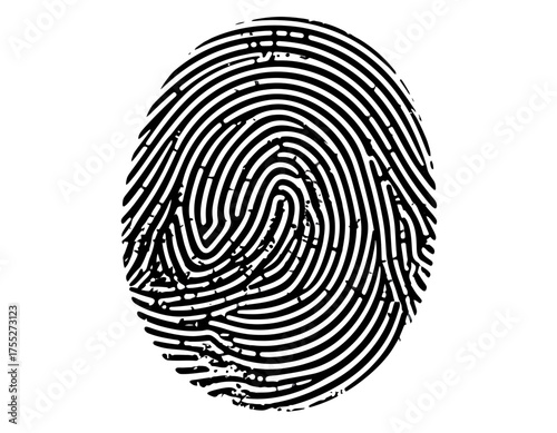 A black and white graphic depicting a fingerprint with distinct ridges on a white background