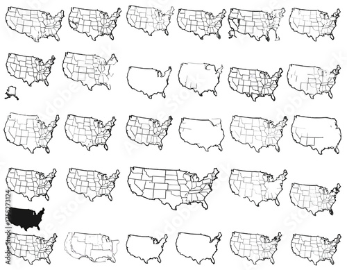 A grid of maps showing different possible geographical areas, some shaded