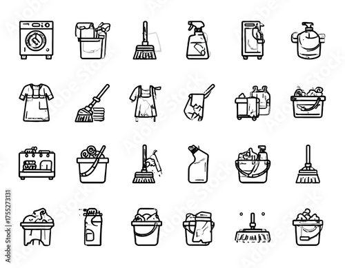 Collection of black and white line art illustrations of common cleaning tools, equipment, and supplies