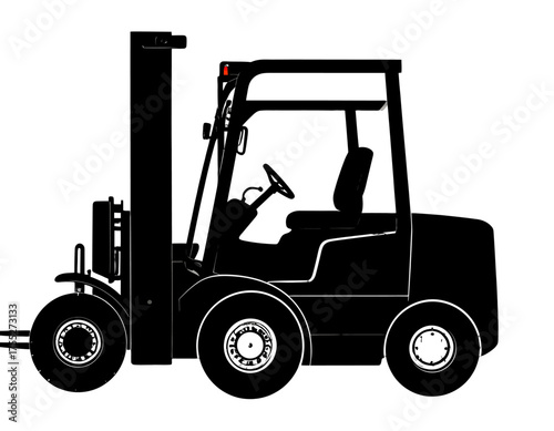 Silhouette illustration of a material-handling vehicle with large wheels and lifting forks