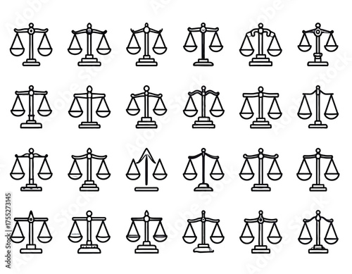 A grid of 24 hand-drawn, stylized scales of justice, each black and white, with varied details