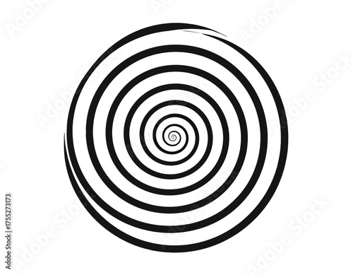 A black and white image of a spiral pattern. Concentric lines create a hypnotic effect