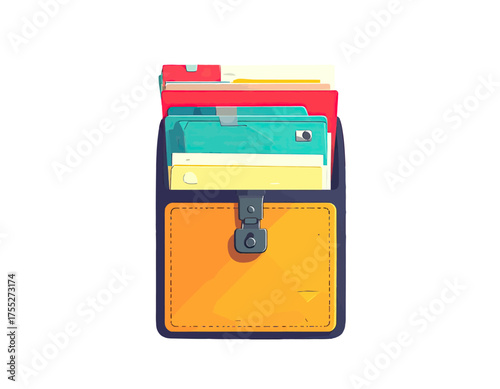 Cartoon illustration of a bag with file folders inside. Orange, yellow, and blue colors. Buckle