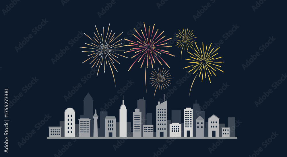Fototapeta premium Colorful fireworks exploding over a modern city skyline at night, celebrating an event.
