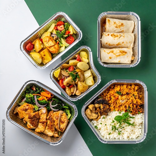 Wallpaper Mural Variety of Healthy Meals in Foil Containers for Delivery. Torontodigital.ca