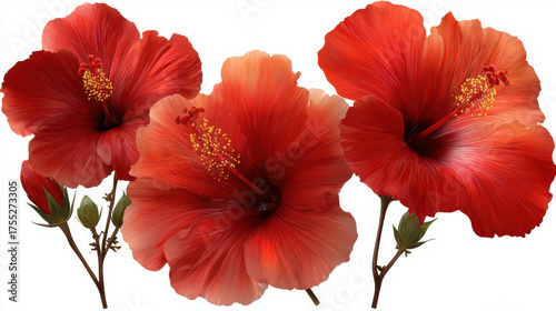 Fototapeta Naklejka Na Ścianę i Meble -  Vibrant red hibiscus flower cluster blooming. tropical floral botany isolated on white background with beautiful petal detail for freshness