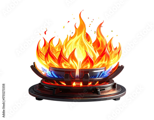 A vibrant digital artwork depicts a stylized gas burner with bright flames erupting upwards