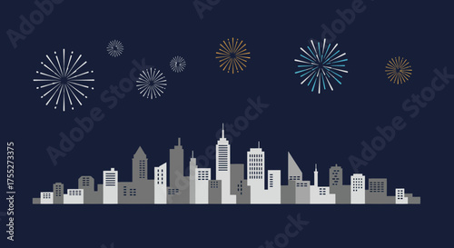 A minimalist illustration of a city skyline at night with colorful fireworks exploding in the dark blue sky, celebrating an event.