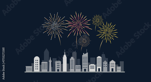Colorful fireworks exploding over a modern city skyline at night, celebrating an event.