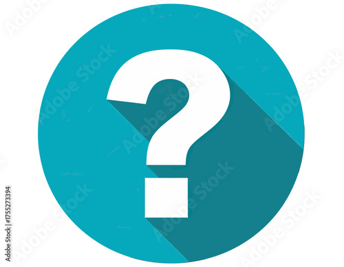 A white question mark with a shadow effect on a blue circular background, plain white background