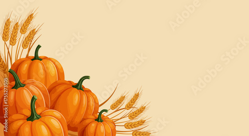Autumn harvest scene with vibrant orange pumpkins and golden wheat stalks on a light beige background.