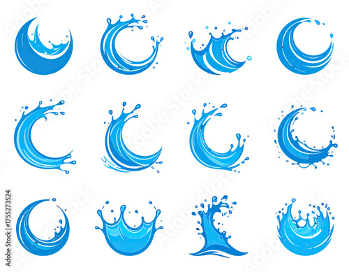 A collection of twelve stylized, blue water splash icons, each a unique interpretation of liquid dynamics
