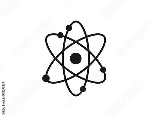A black and white image of an atomic model, a central nucleus surrounded by orbiting particles