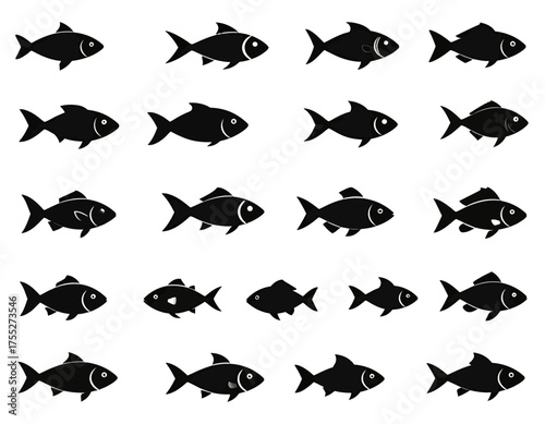 A grid of sixteen black fish silhouettes, varying in shape and detail, against a white background