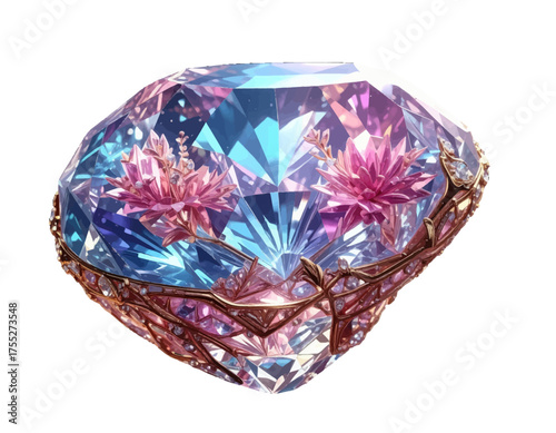 An intricate jewel with internal flowers and ornate, gold metalwork, set against a stark white background