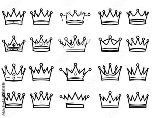 A collection of hand-drawn crowns, each a unique design, with varying styles and details, all black on white