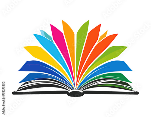Open book illustration with colorful pages fanning upwards, evoking knowledge and creativity on a white background