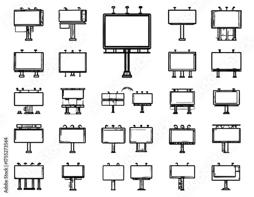 A set of 24 line-drawn billboards, varying in design, featuring blank advertising space