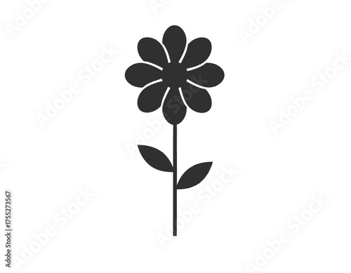 A simple graphic of a dark flower with petals, stem, and leaves on a white background
