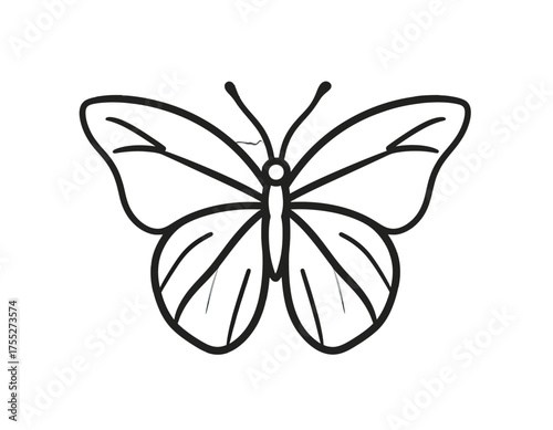 Simple black and white butterfly illustration, symmetrical design with delicate wings and antennae