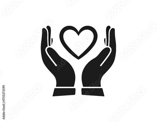 A black silhouette of two hands cupping a heart symbol, a symbol of love and support