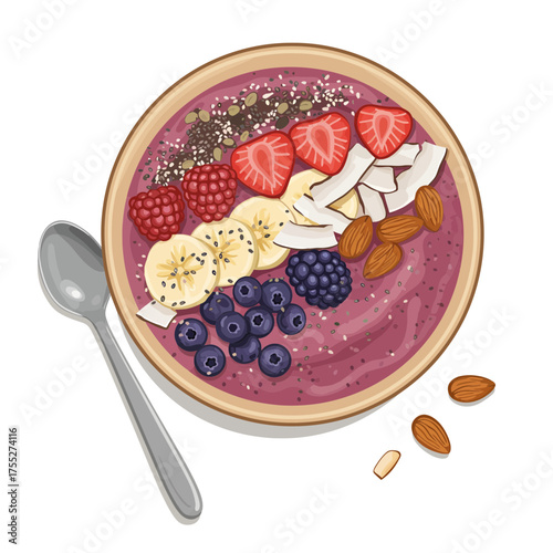 Açaí bowl with berries, banana, almonds, coconut flakes and chia seeds.