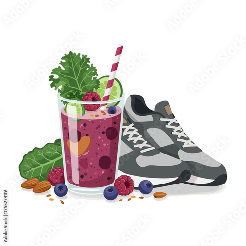 Healthy smoothie with berries, kale, and running shoes, promoting a healthy lifestyle.