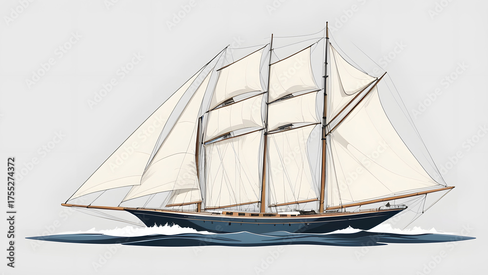 Obraz premium Elegance on the Waves A Traditional Wooden Sailing Boat Vector Illustration, Full Side View
