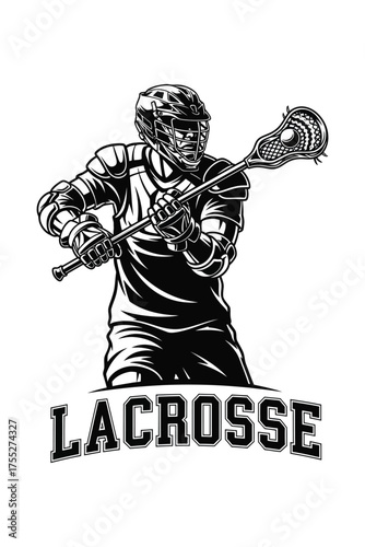 Dynamic black and white illustration of a lacrosse player in action holding a stick and ball