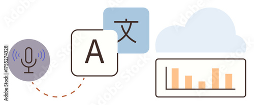 Microphone with sound waves, language translation symbols, bar chart, and cloud. Ideal for technology, translation, data visualization, machine learning, AI cloud computing global communication