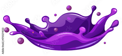 Dynamic splash of vibrant purple liquid or juice, with energetic drops and a shiny, glossy texture. This high-energy graphic is perfect for food and beverage, cosmetics, flavor, grape