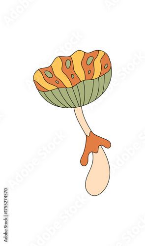 Groovy retro mushroom sticker in funky cartoon graphic style with psychedelic and colorful fantasy magic. Playful shroom as a groovy element, retro pop accent and y2k inspiration for trendy sticker