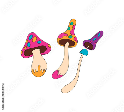 Groovy psychedelic mushroom in colorful cartoon graphic style. Retro shroom as a playful magic graphic and trippy groovy element in y2k vibe. Perfect for pop creative projects and funky abstract