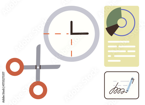 Clock sliced by scissors, pie chart, document with signature, and pen. Ideal for productivity, organization, planning, workflow optimization, business strategies task prioritization simple flat
