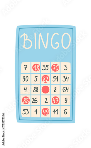 Flat bingo game card with numbers. Lotto boardgame for fun and recreation at the table. Entertaining family activity, clean design for playful moments or party games.