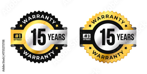 Premium 15 years warranty badge vector with black, gold and silver colors. Perfect for product guarantee, quality assurance, label, or certification design