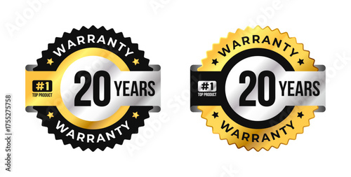 Premium 20 years warranty badge vector with black, gold and silver colors. Perfect for product guarantee, quality assurance, label, or certification design