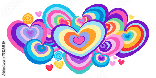A vibrant cluster of concentric and psychedelic hearts in bright rainbow colors, creating a groovy, pop art style design representing love and joy.