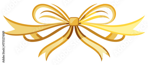 A classic, symmetrical golden ribbon bow with long, elegantly curved tails, rendered with shine and highlights, perfect for celebratory and decorative uses.