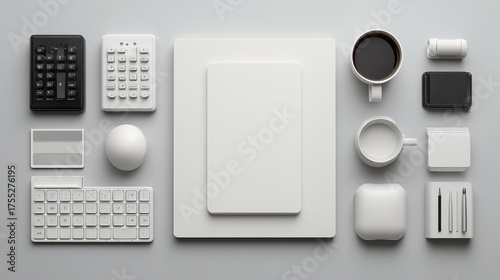 Minimalist workspace arrangement showcasing a clean white desk with tech accessories, office supplies, and a coffee cup for a serene work environment