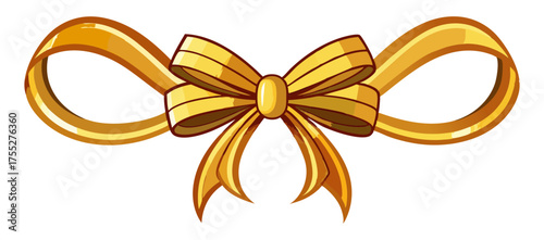 A shiny and luxurious golden bow or ribbon tied in a symmetrical, decorative knot with long, looping ends, often used for gifts or celebrations.