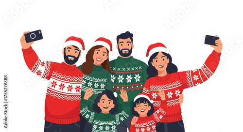 Christmas Family Selfie Smiling Group Wearing Festive Sweaters, Celebrating Holiday