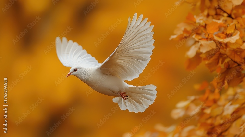 Fototapeta premium A white dove in mid-flight against a backdrop of vibrant orange fall foliage