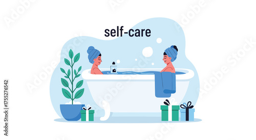 Self-Care Women Relaxing in Bathtub, Spa Treatment, Wellness Concept Illustration