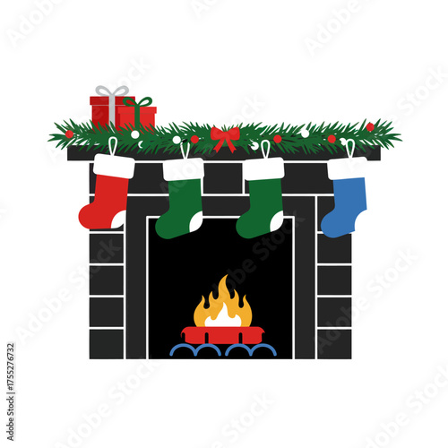 Cozy Christmas fireplace with gifts and stockings illustration.