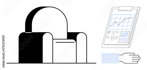 Contemporary armchair beside clipboard featuring graphs, data insights, analytics, and a hand. Ideal for business, work productivity, comfort, office planning, interior design research success