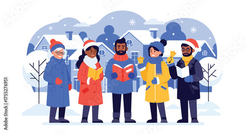 Christmas Carols Festive Illustration of Carolers Singing in Winter Snow