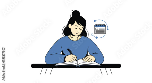 Young woman writing in her notebook at desk, planning her schedule with calendar reminder, creating a productive and organized workspace.
