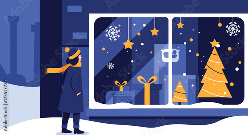 Girl looks at christmas decorations in shop window during winter night, creating a magical and festive scene.